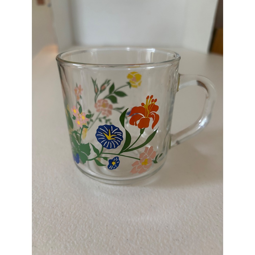 Luminarc Clear Glass Floral Mug Vintage Multi Color Flower Coffee Cup 3.5in